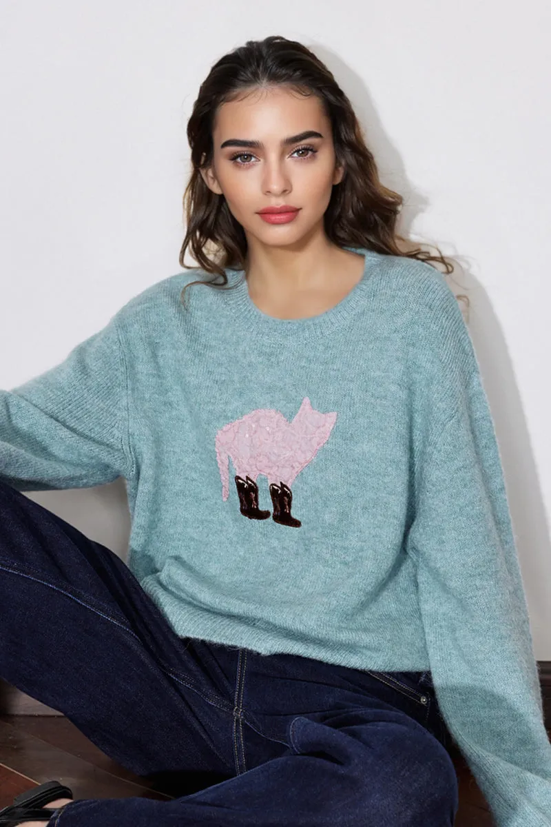 Cute Wool Blend Crewneck Pullover Sweater with Puss in Boots