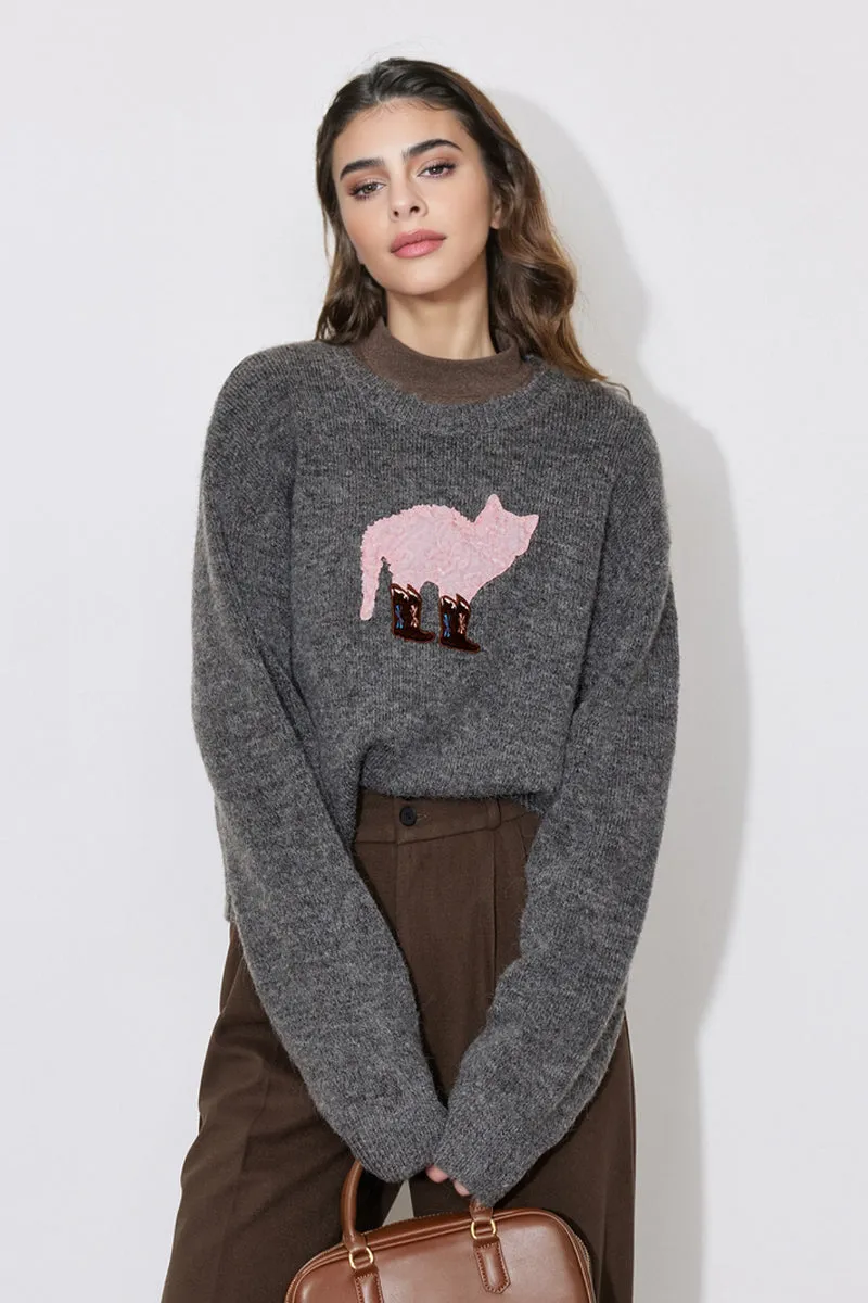 Cute Wool Blend Crewneck Pullover Sweater with Puss in Boots