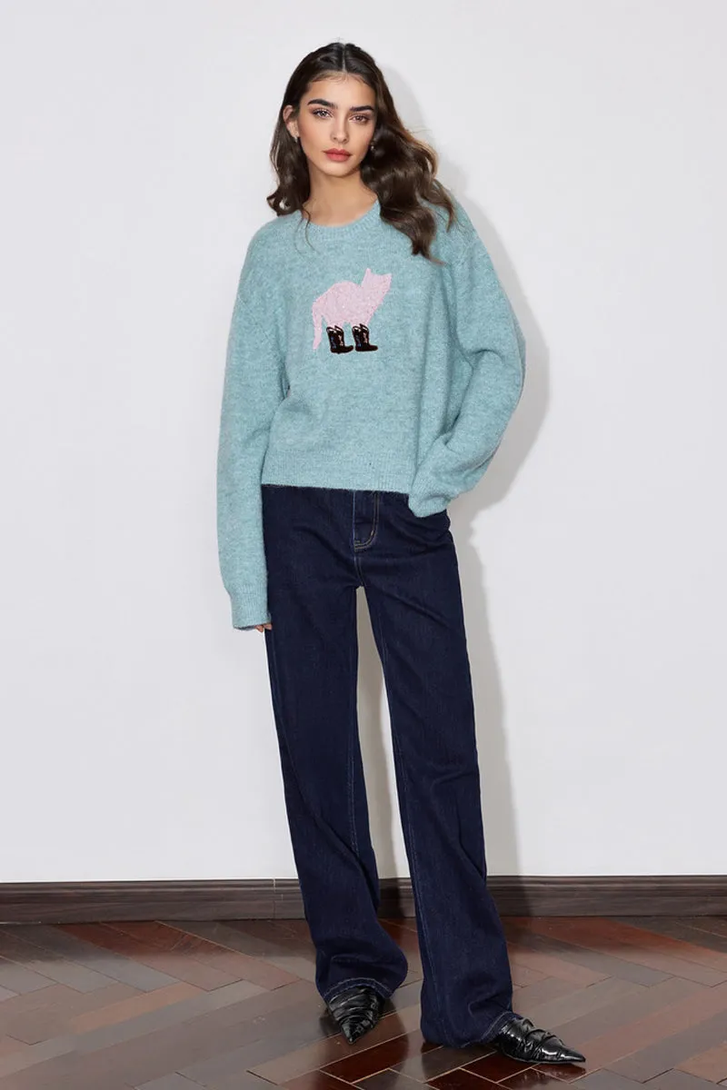 Cute Wool Blend Crewneck Pullover Sweater with Puss in Boots