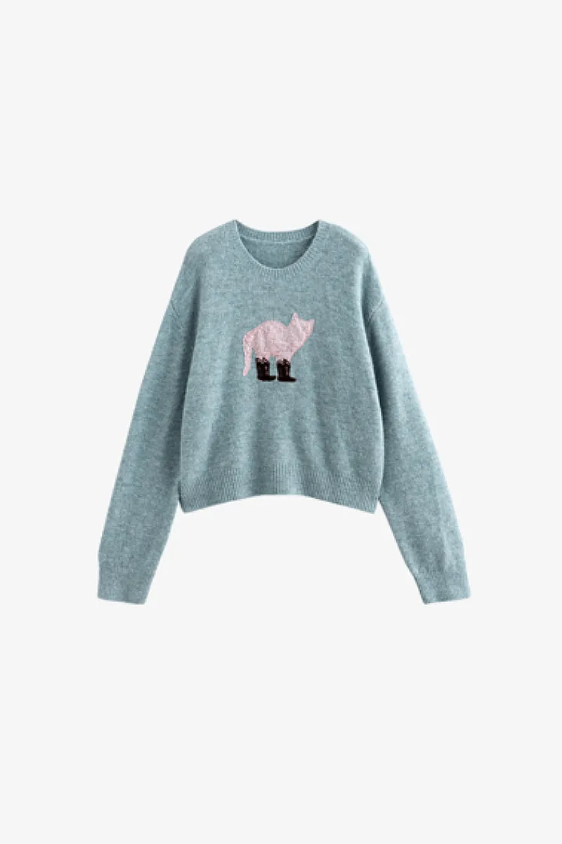 Cute Wool Blend Crewneck Pullover Sweater with Puss in Boots