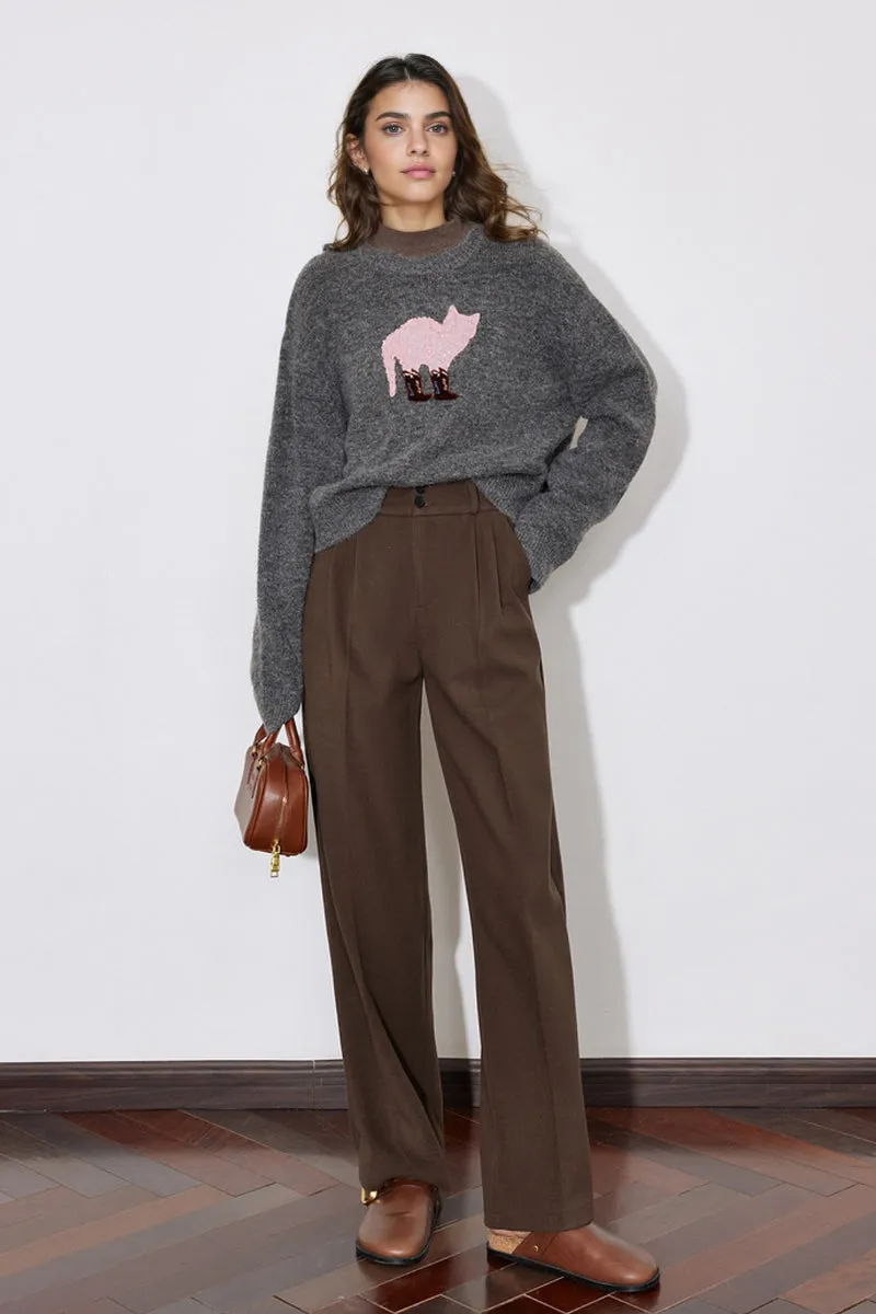 Cute Wool Blend Crewneck Pullover Sweater with Puss in Boots