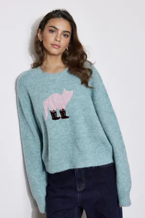 Cute Wool Blend Crewneck Pullover Sweater with Puss in Boots