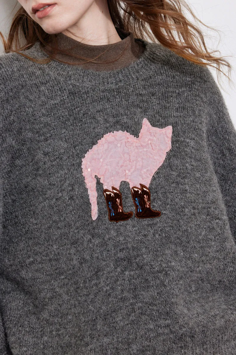Cute Wool Blend Crewneck Pullover Sweater with Puss in Boots