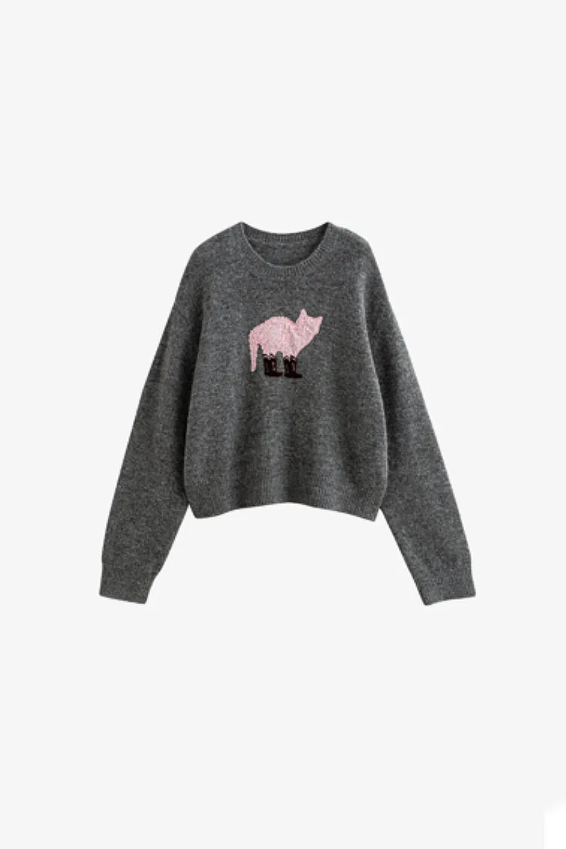 Cute Wool Blend Crewneck Pullover Sweater with Puss in Boots