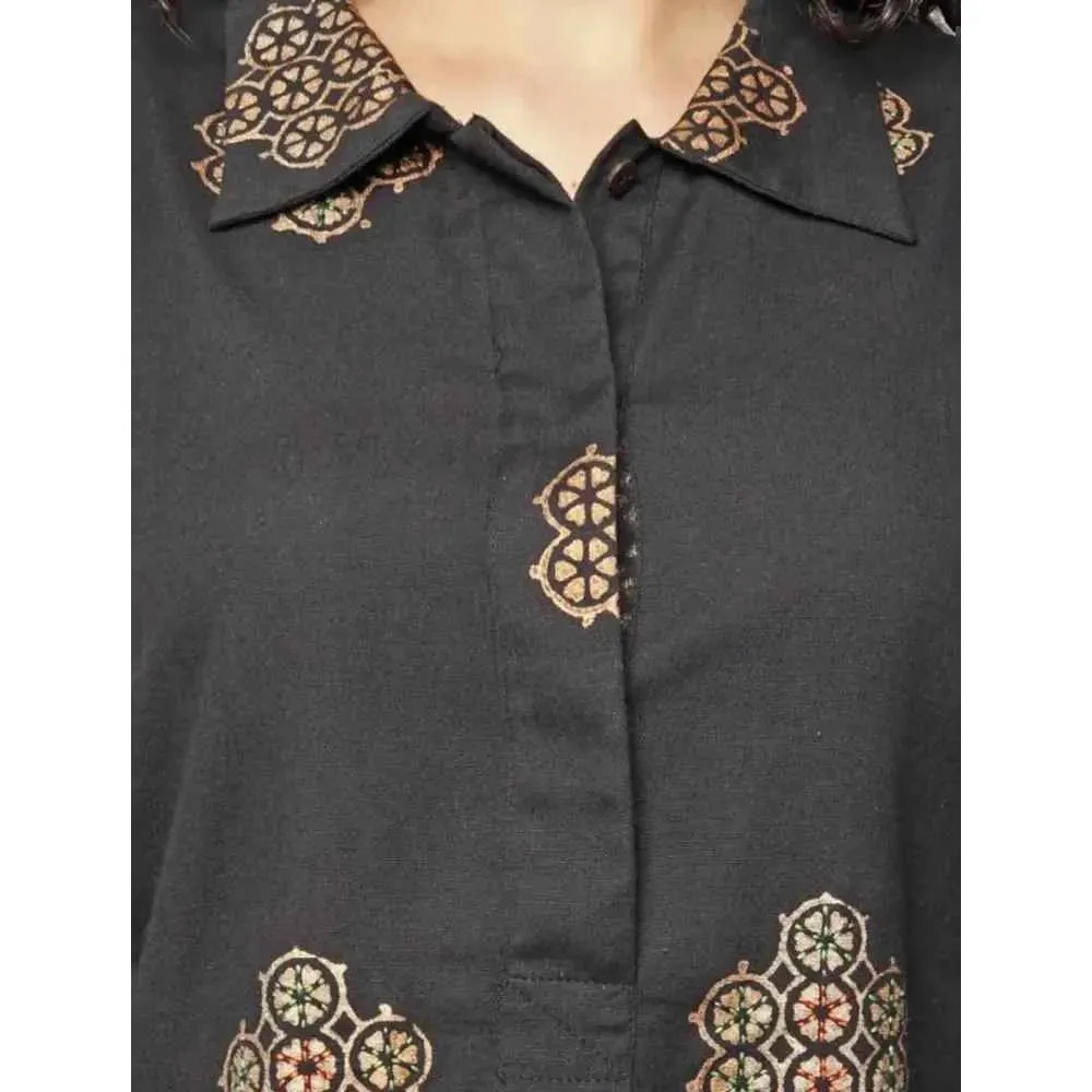 Elegant Black Cotton Linen Block Print Embroidered Dress For Women