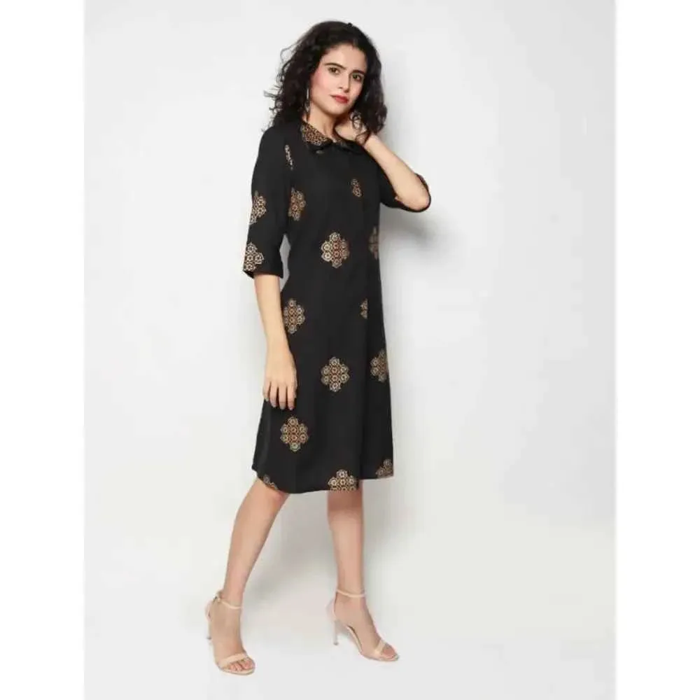 Elegant Black Cotton Linen Block Print Embroidered Dress For Women