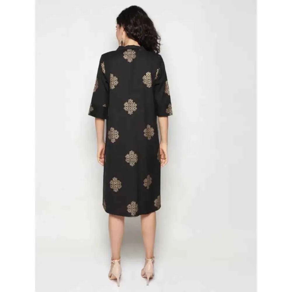 Elegant Black Cotton Linen Block Print Embroidered Dress For Women