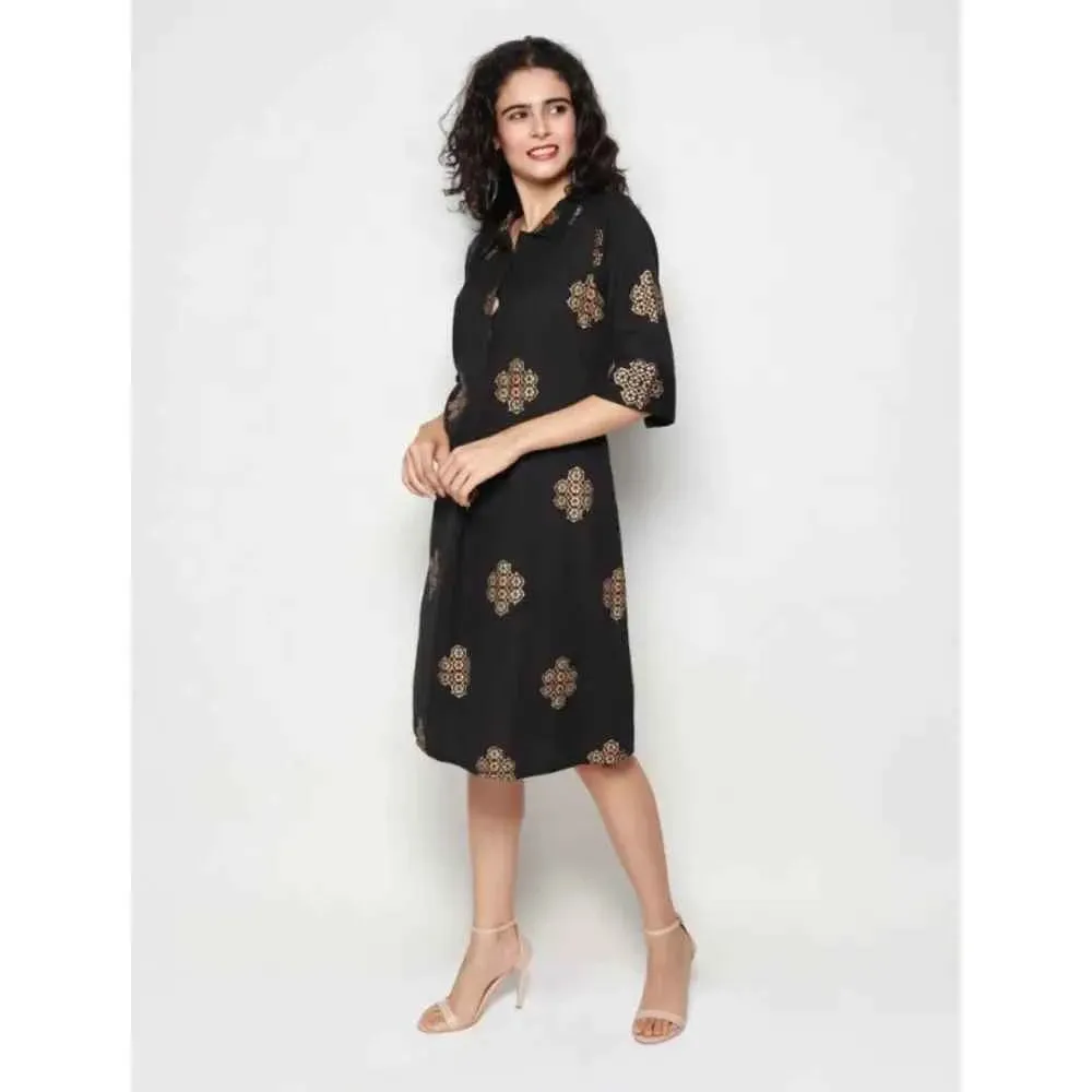Elegant Black Cotton Linen Block Print Embroidered Dress For Women