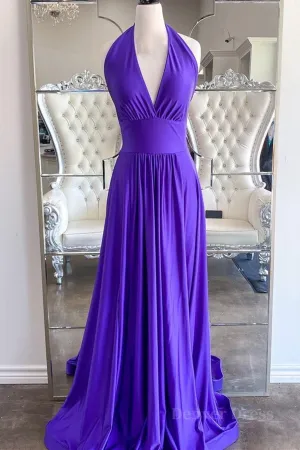 Elegant Halter Neck Backless Purple Long Prom Dress Backless Purple Formal Graduation Evening Dress