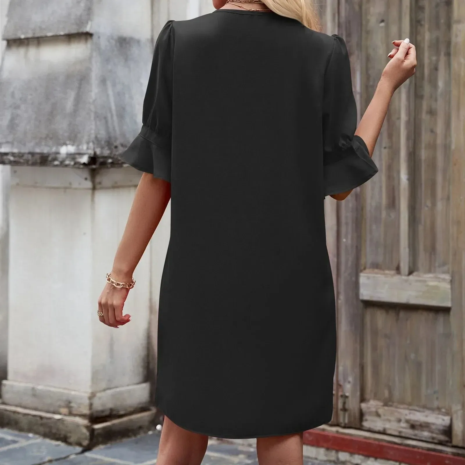 Fashion Casual Loose V-neck Lace Commuter Solid Sexy Pocket Casual Vintage Dress