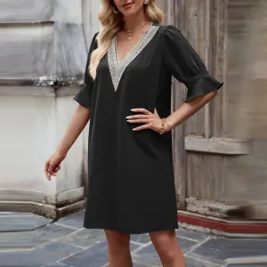 Fashion Casual Loose V-neck Lace Commuter Solid Sexy Pocket Casual Vintage Dress
