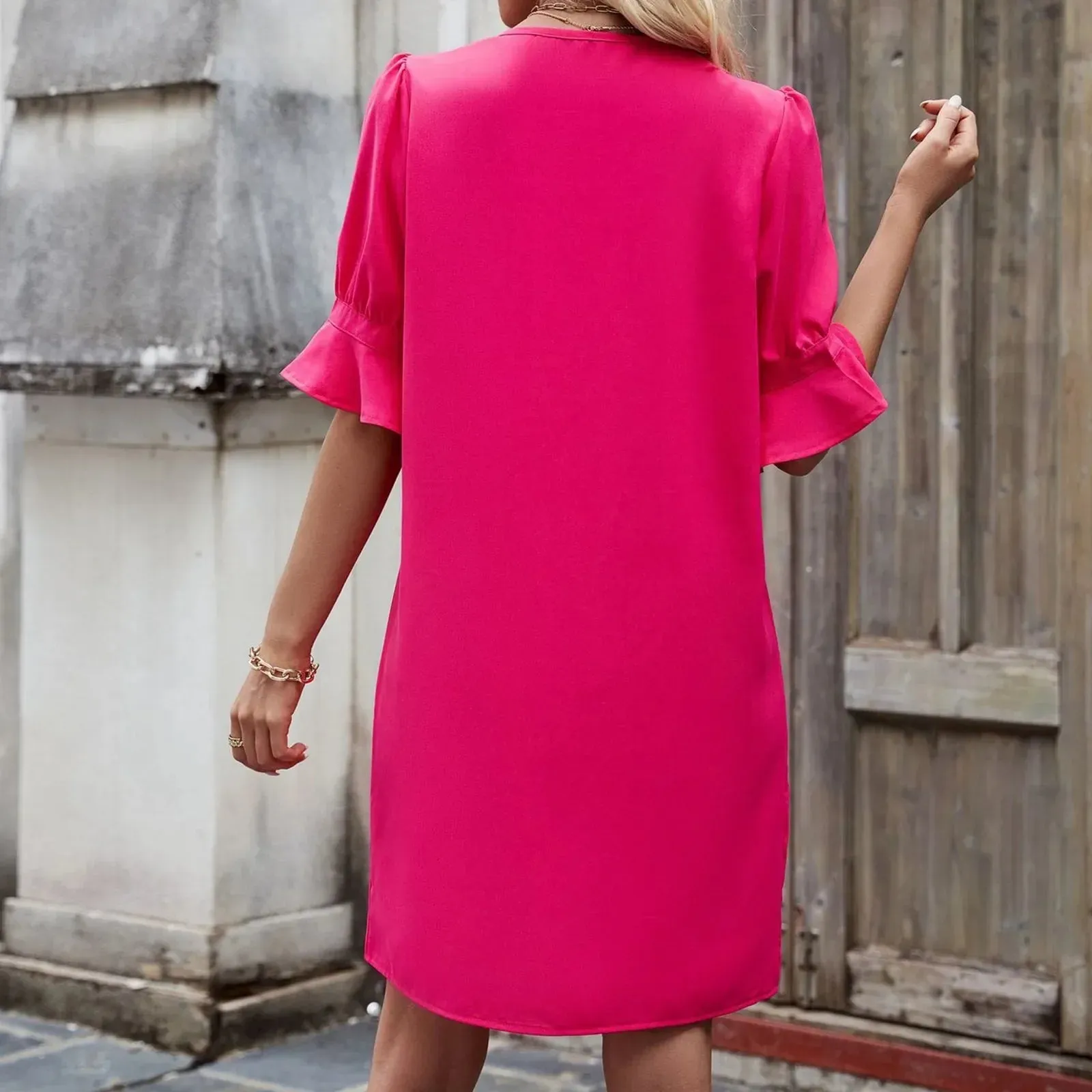 Fashion Casual Loose V-neck Lace Commuter Solid Sexy Pocket Casual Vintage Dress