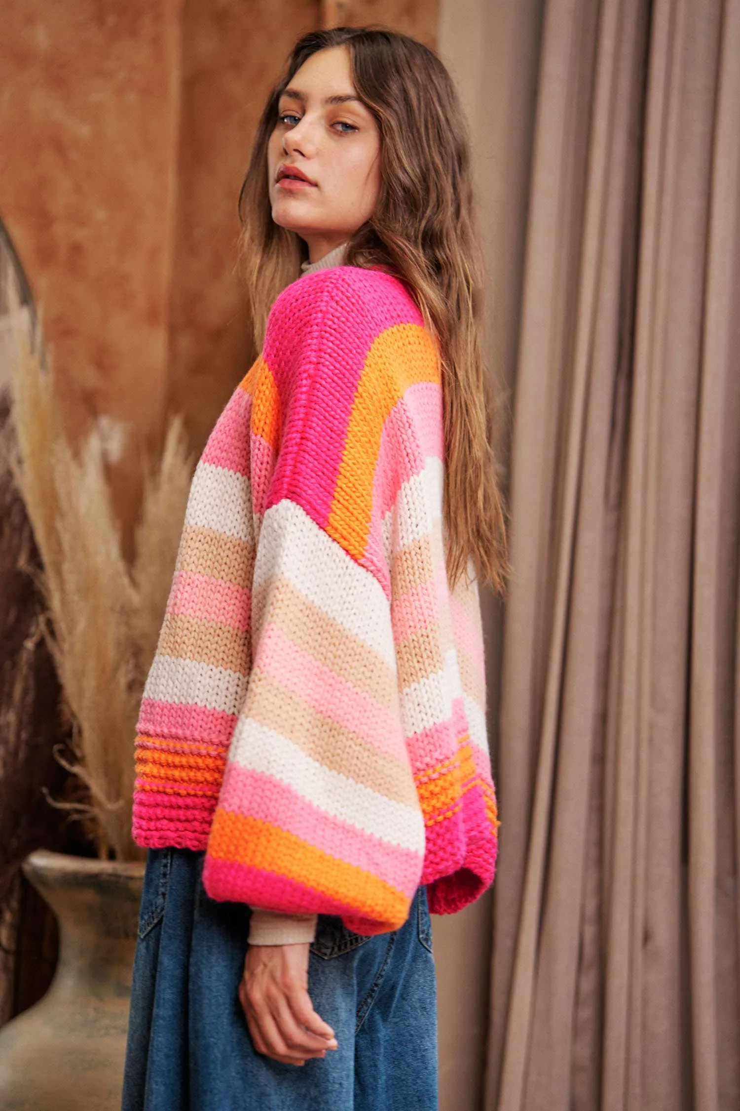 FINAL SALE Bright Ideas Striped Balloon Sleeve Open Sweater Cardigan