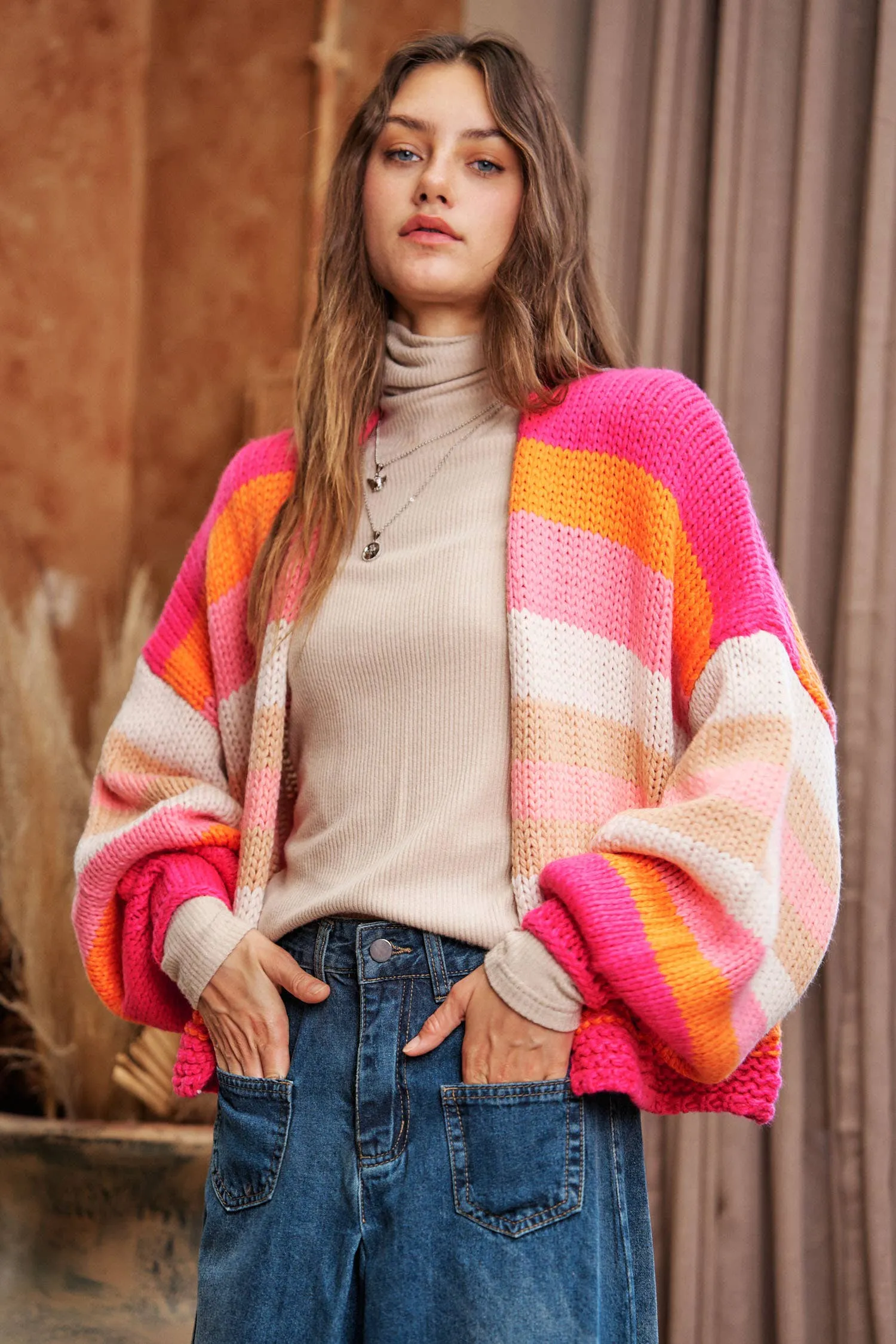 FINAL SALE Bright Ideas Striped Balloon Sleeve Open Sweater Cardigan