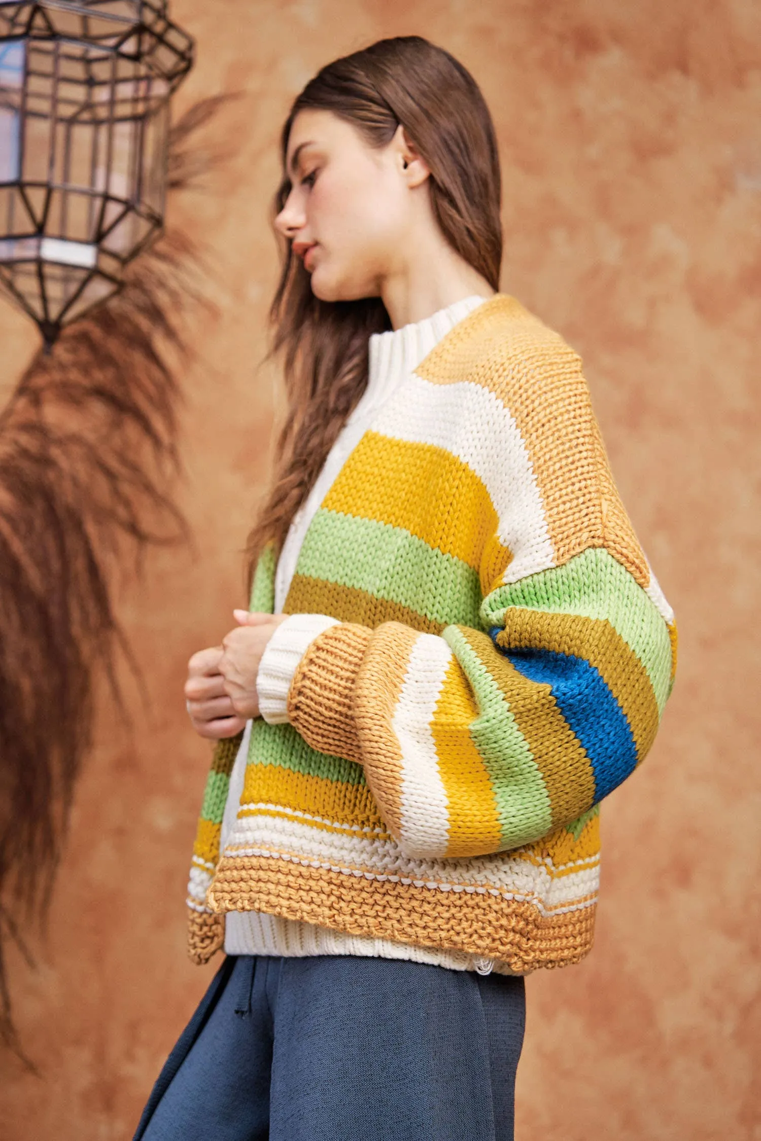 FINAL SALE Bright Ideas Striped Balloon Sleeve Open Sweater Cardigan