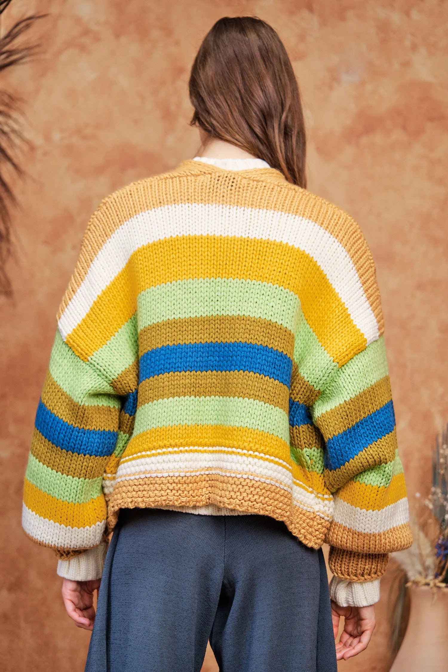 FINAL SALE Bright Ideas Striped Balloon Sleeve Open Sweater Cardigan