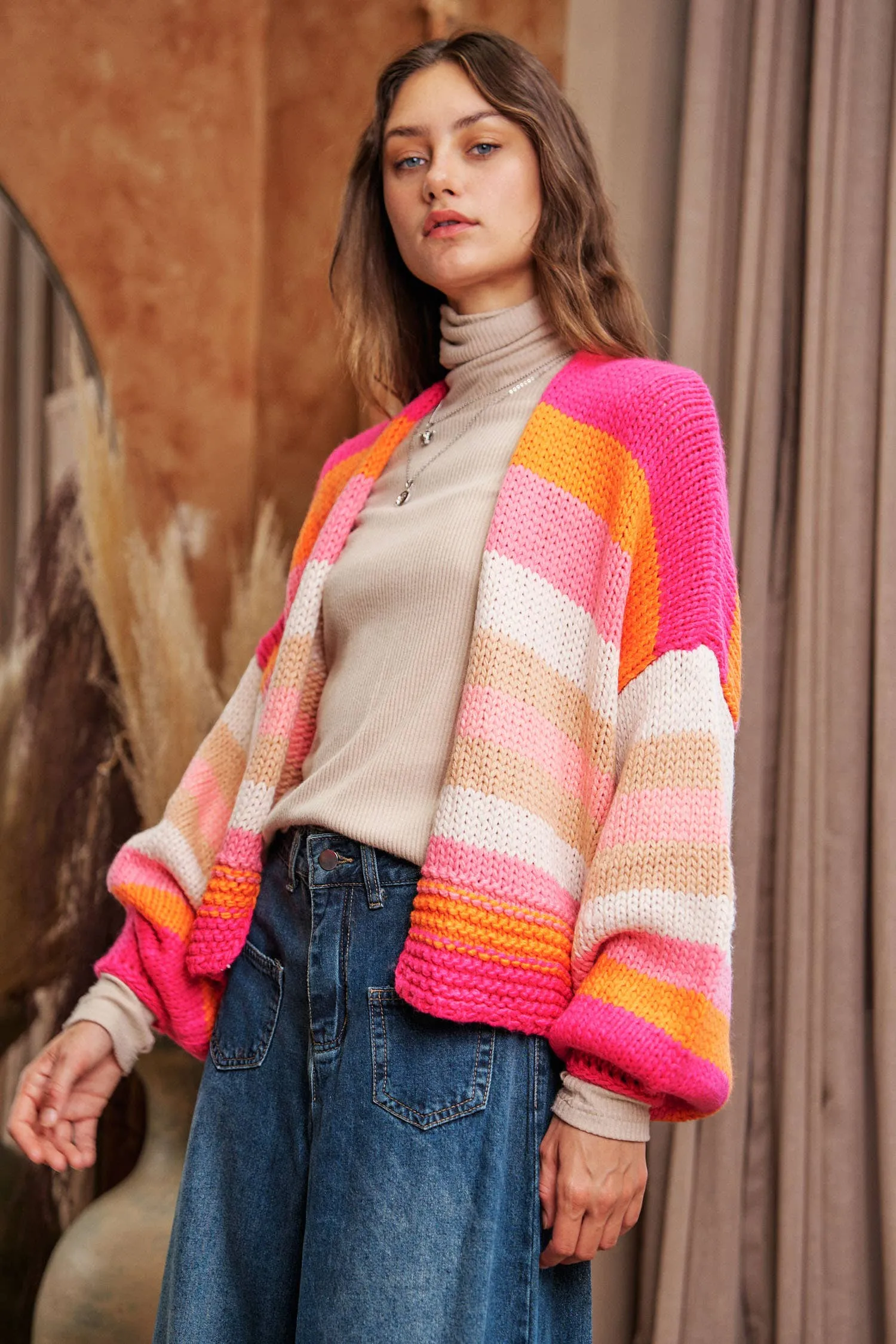 FINAL SALE Bright Ideas Striped Balloon Sleeve Open Sweater Cardigan
