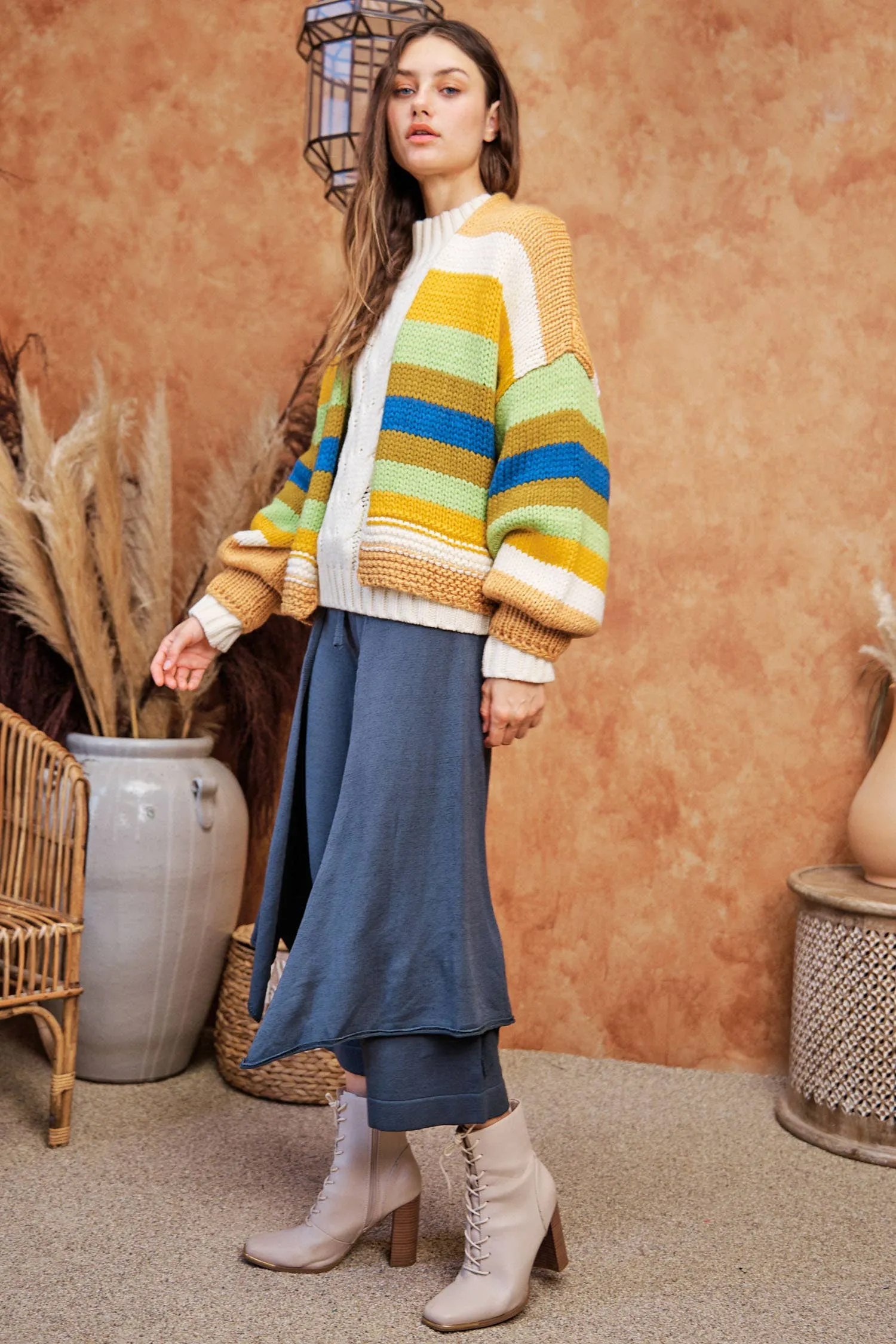 FINAL SALE Bright Ideas Striped Balloon Sleeve Open Sweater Cardigan
