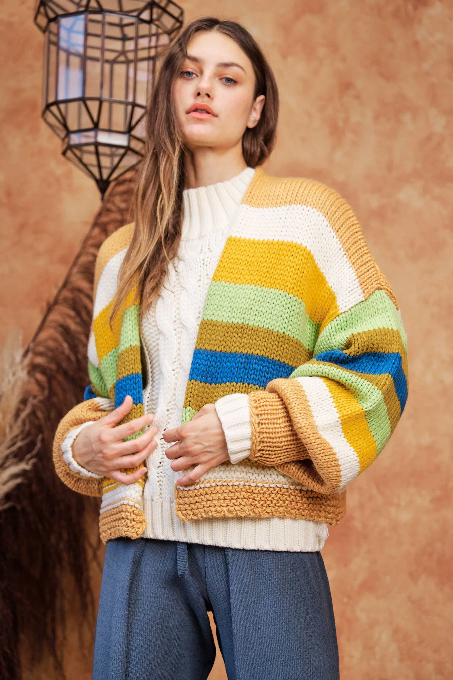 FINAL SALE Bright Ideas Striped Balloon Sleeve Open Sweater Cardigan