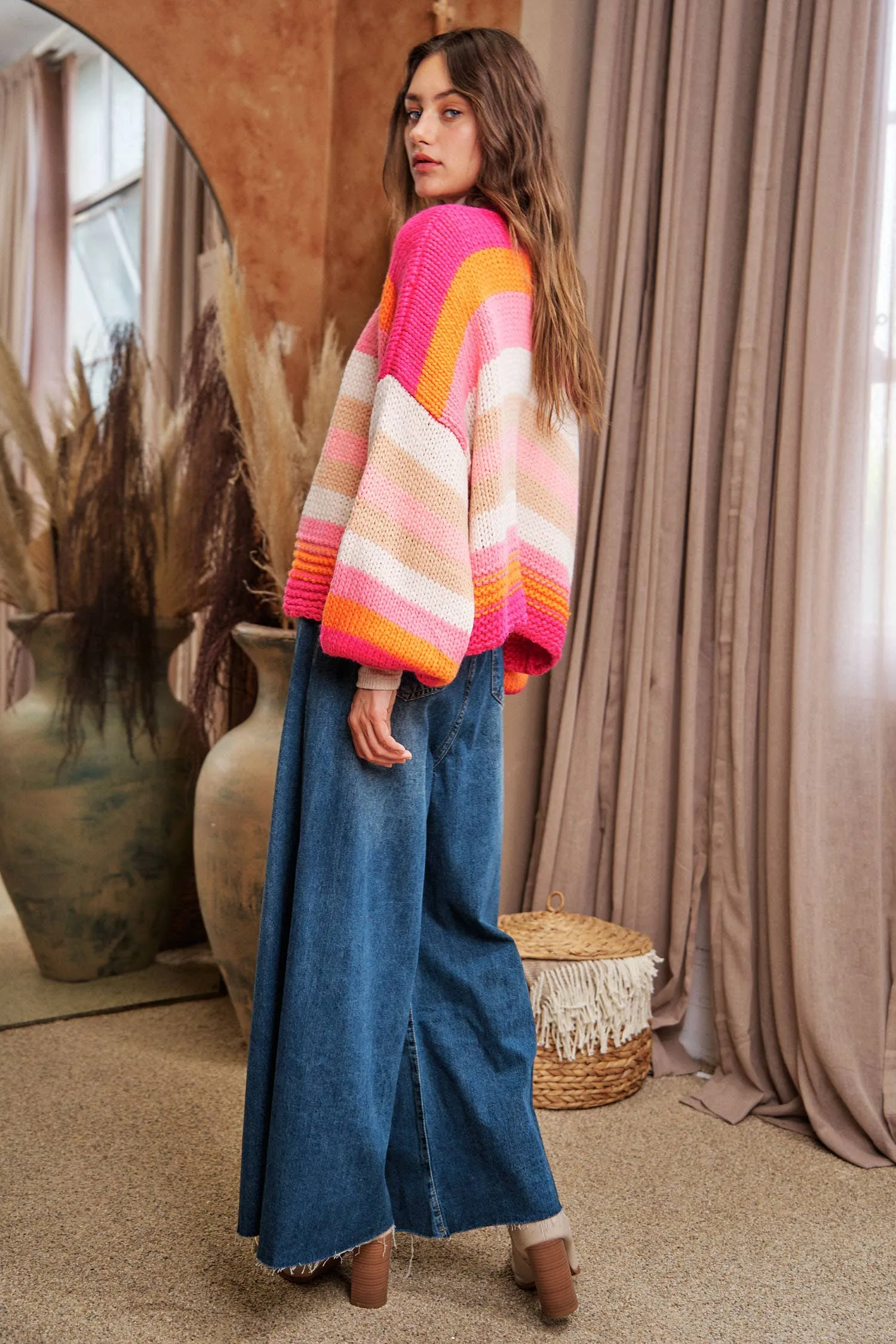 FINAL SALE Bright Ideas Striped Balloon Sleeve Open Sweater Cardigan