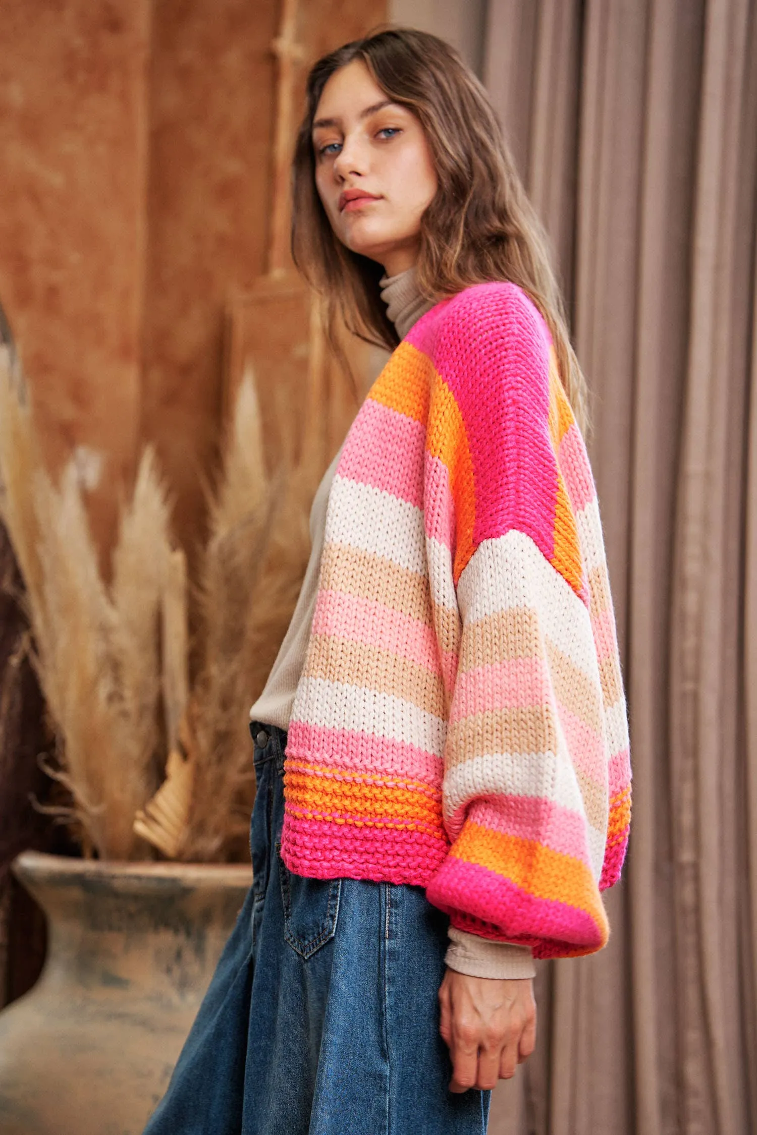 FINAL SALE Bright Ideas Striped Balloon Sleeve Open Sweater Cardigan