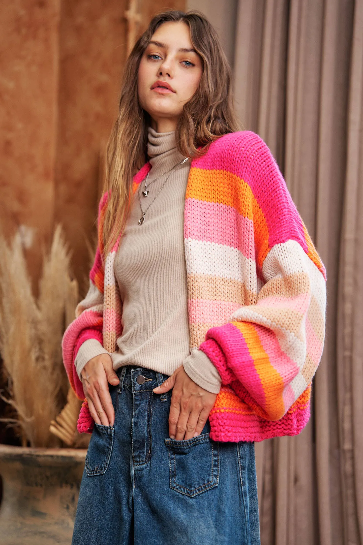 FINAL SALE Bright Ideas Striped Balloon Sleeve Open Sweater Cardigan