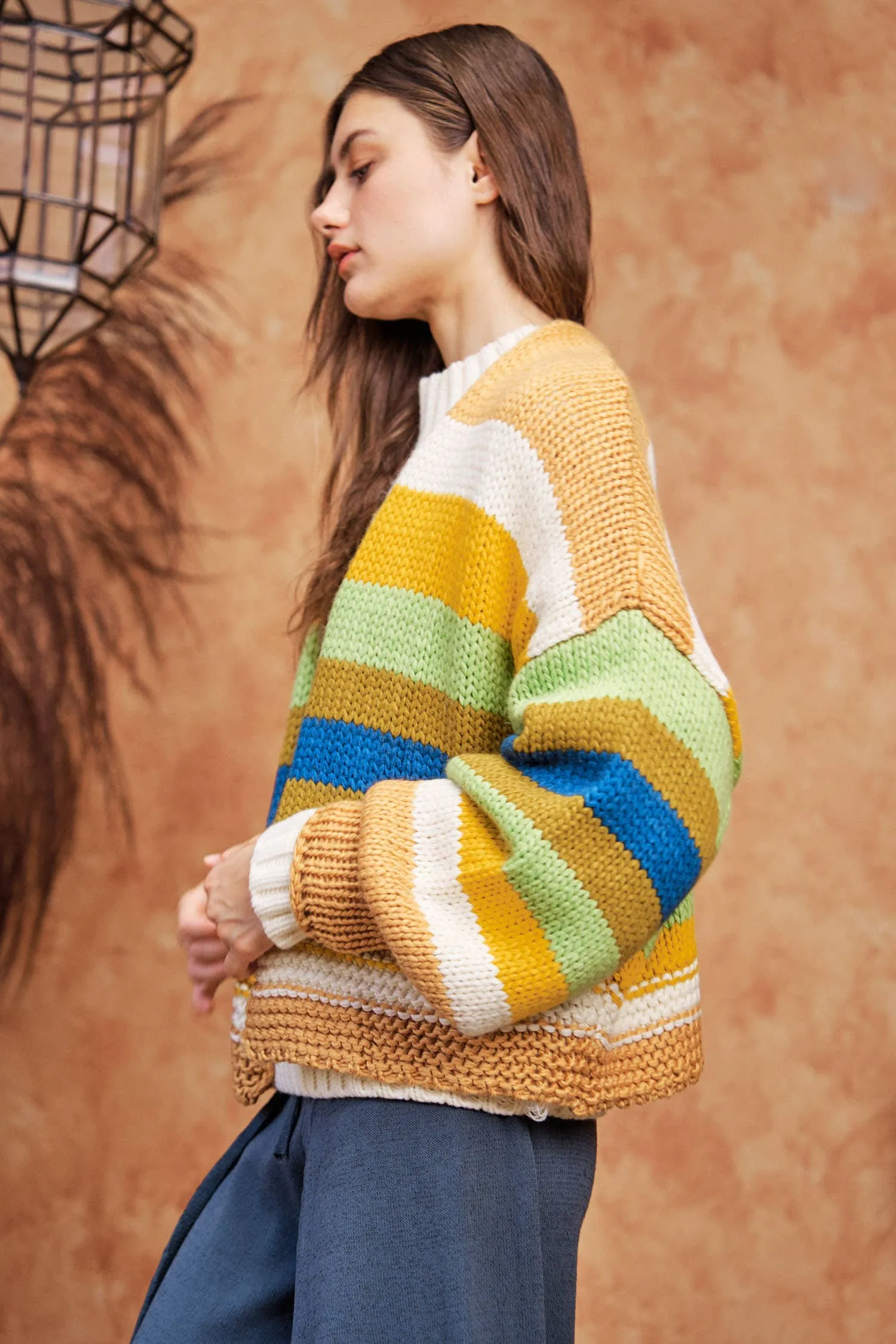 FINAL SALE Bright Ideas Striped Balloon Sleeve Open Sweater Cardigan