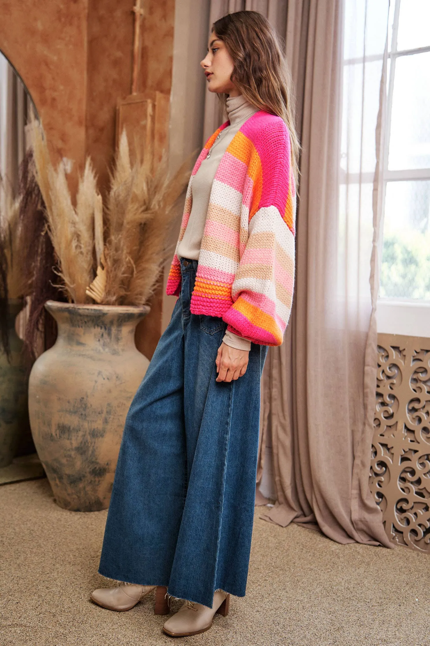 FINAL SALE Bright Ideas Striped Balloon Sleeve Open Sweater Cardigan