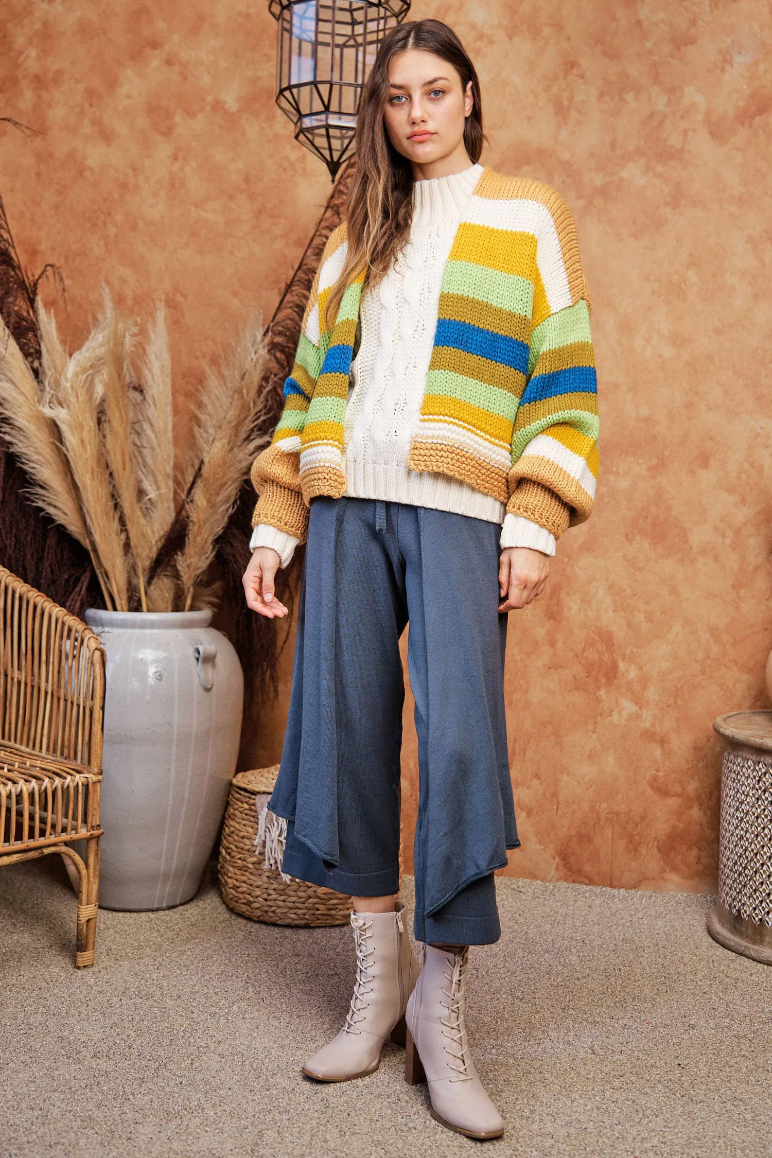 FINAL SALE Bright Ideas Striped Balloon Sleeve Open Sweater Cardigan