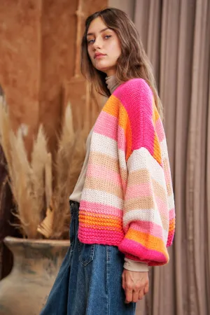 FINAL SALE Bright Ideas Striped Balloon Sleeve Open Sweater Cardigan