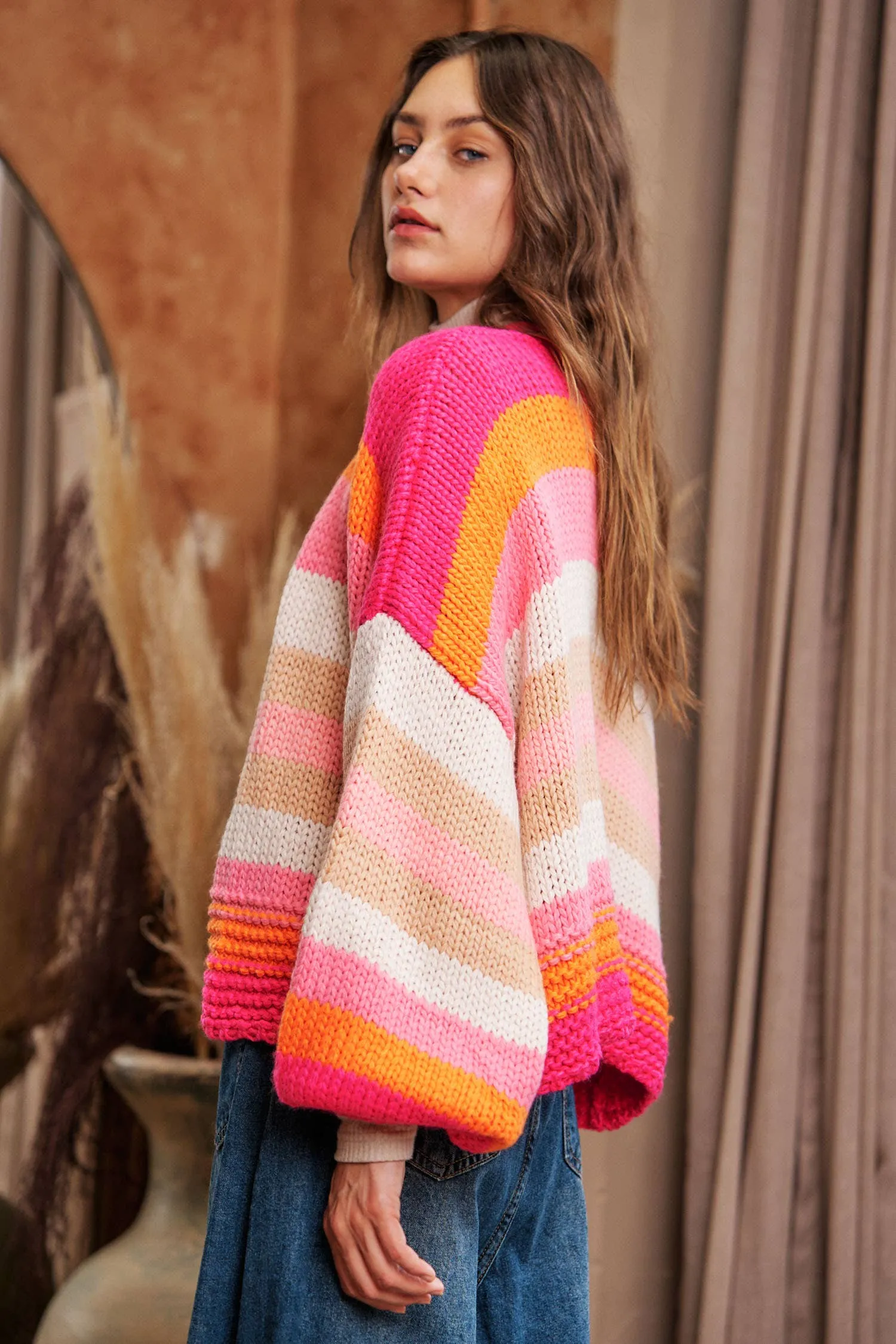 FINAL SALE Bright Ideas Striped Balloon Sleeve Open Sweater Cardigan