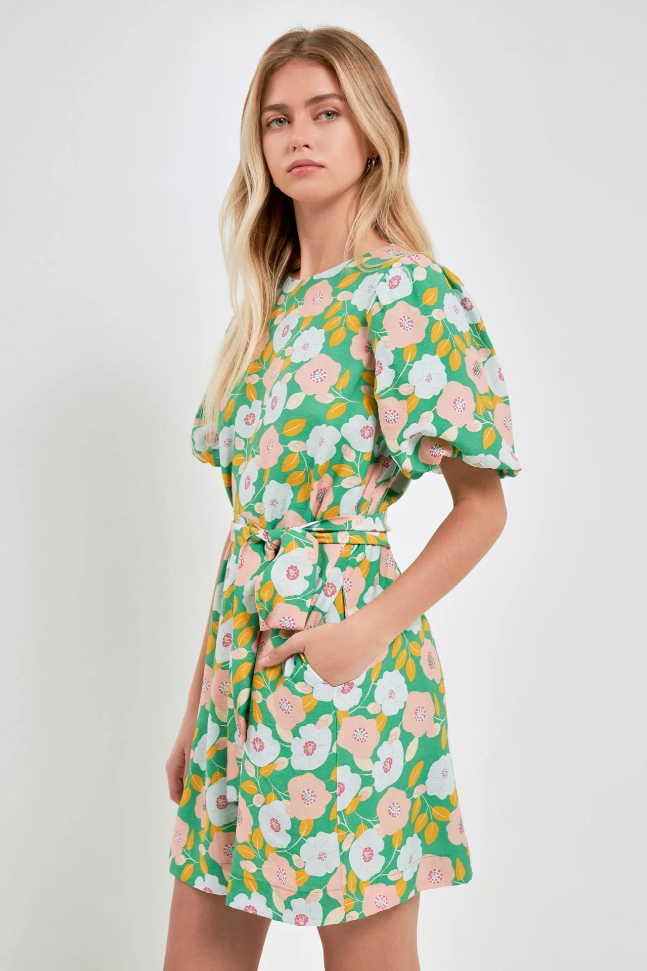 Floral belted Puff Sleeve Mini Shift Dress