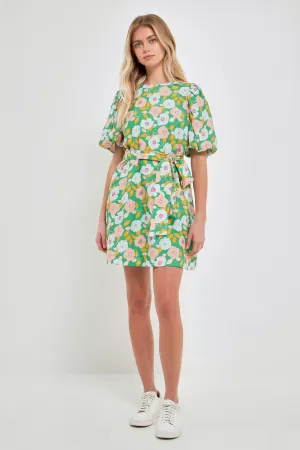 Floral belted Puff Sleeve Mini Shift Dress