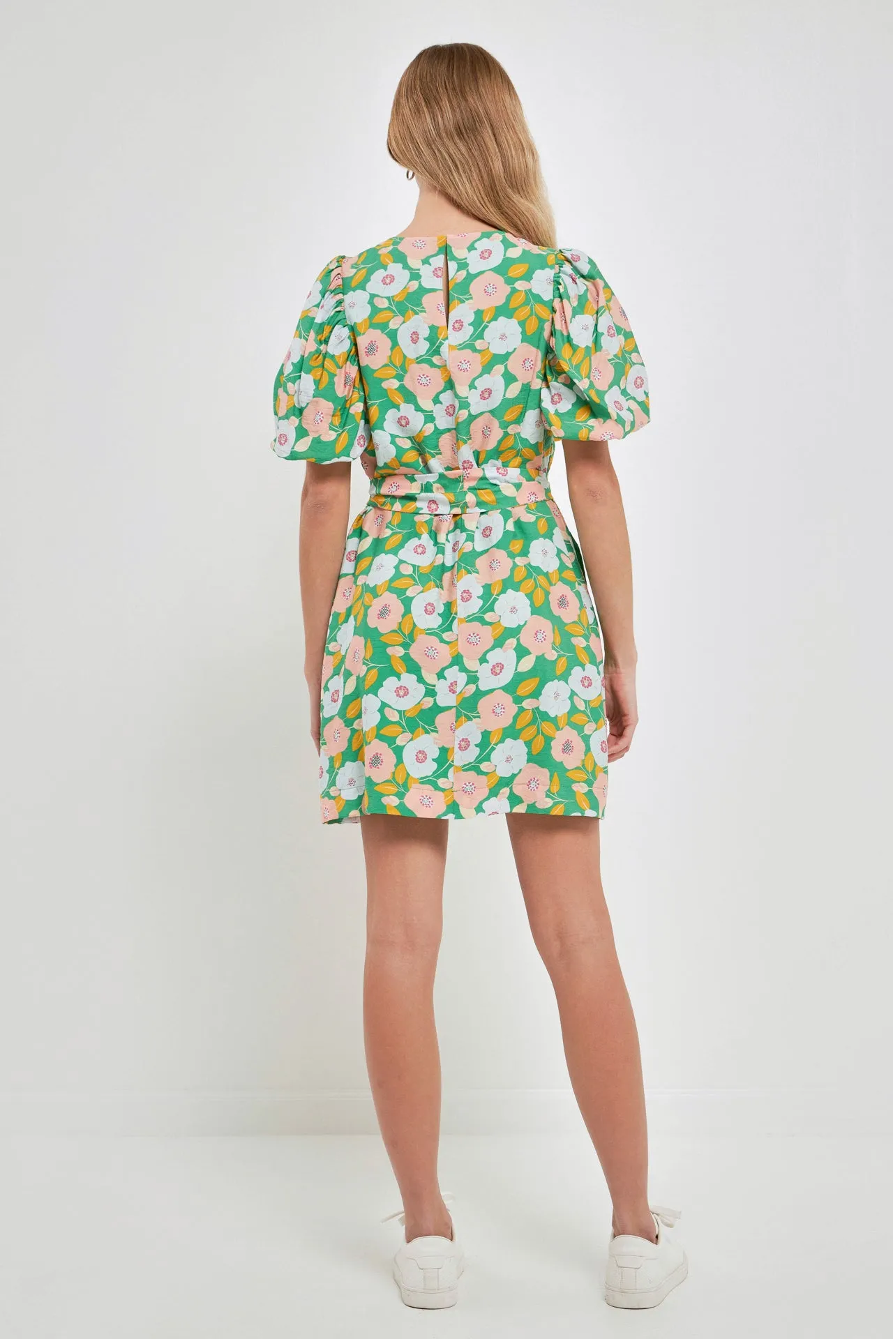 Floral belted Puff Sleeve Mini Shift Dress