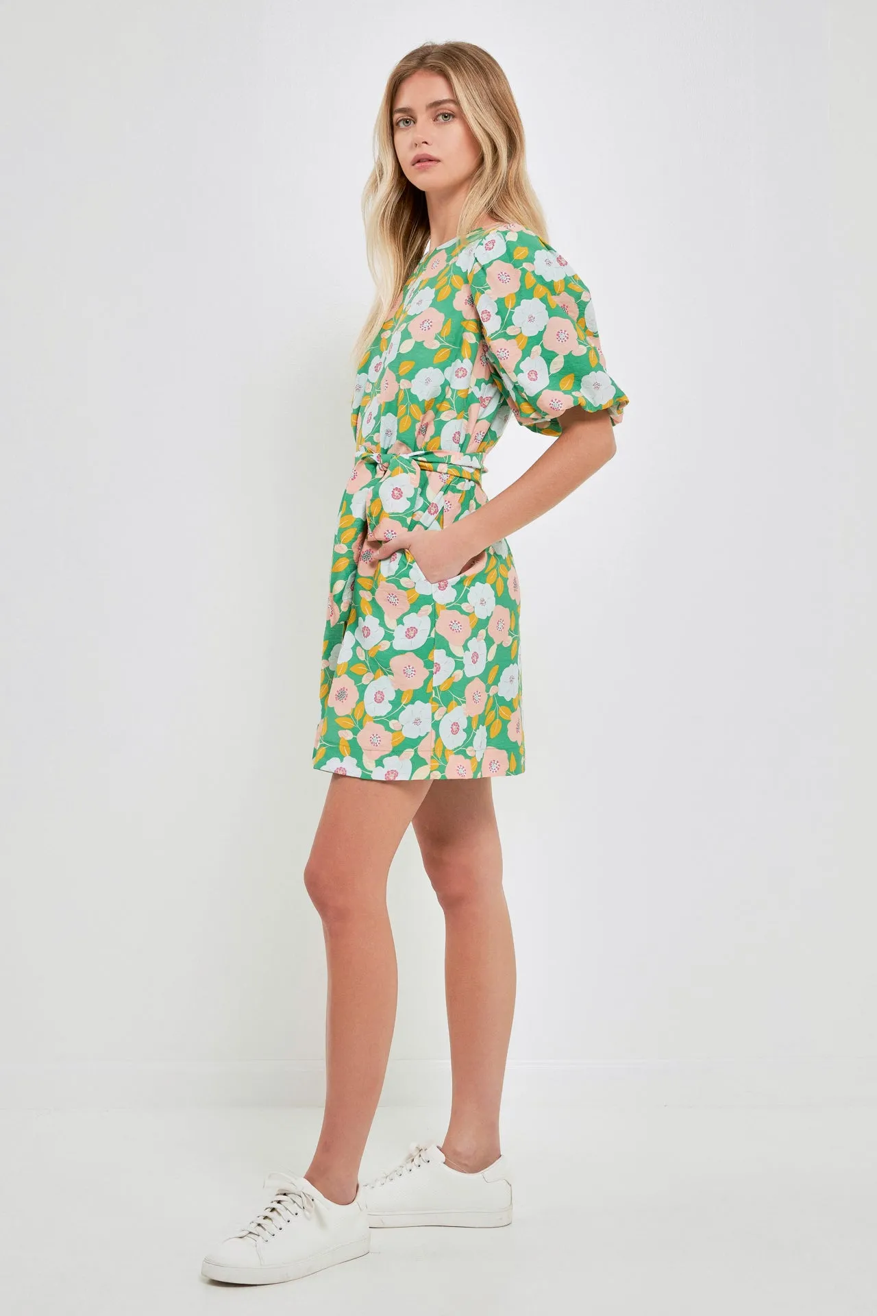 Floral belted Puff Sleeve Mini Shift Dress