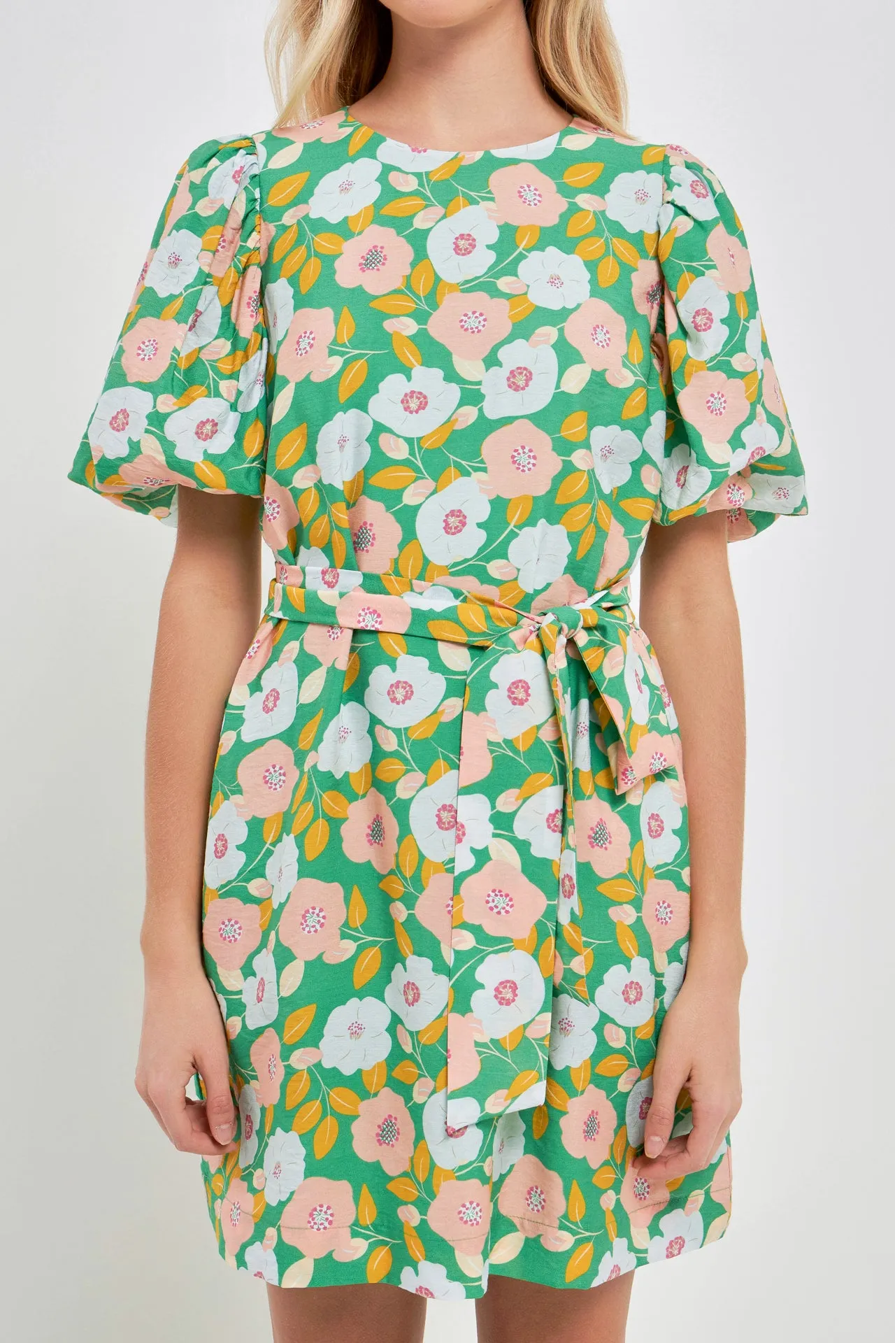 Floral belted Puff Sleeve Mini Shift Dress