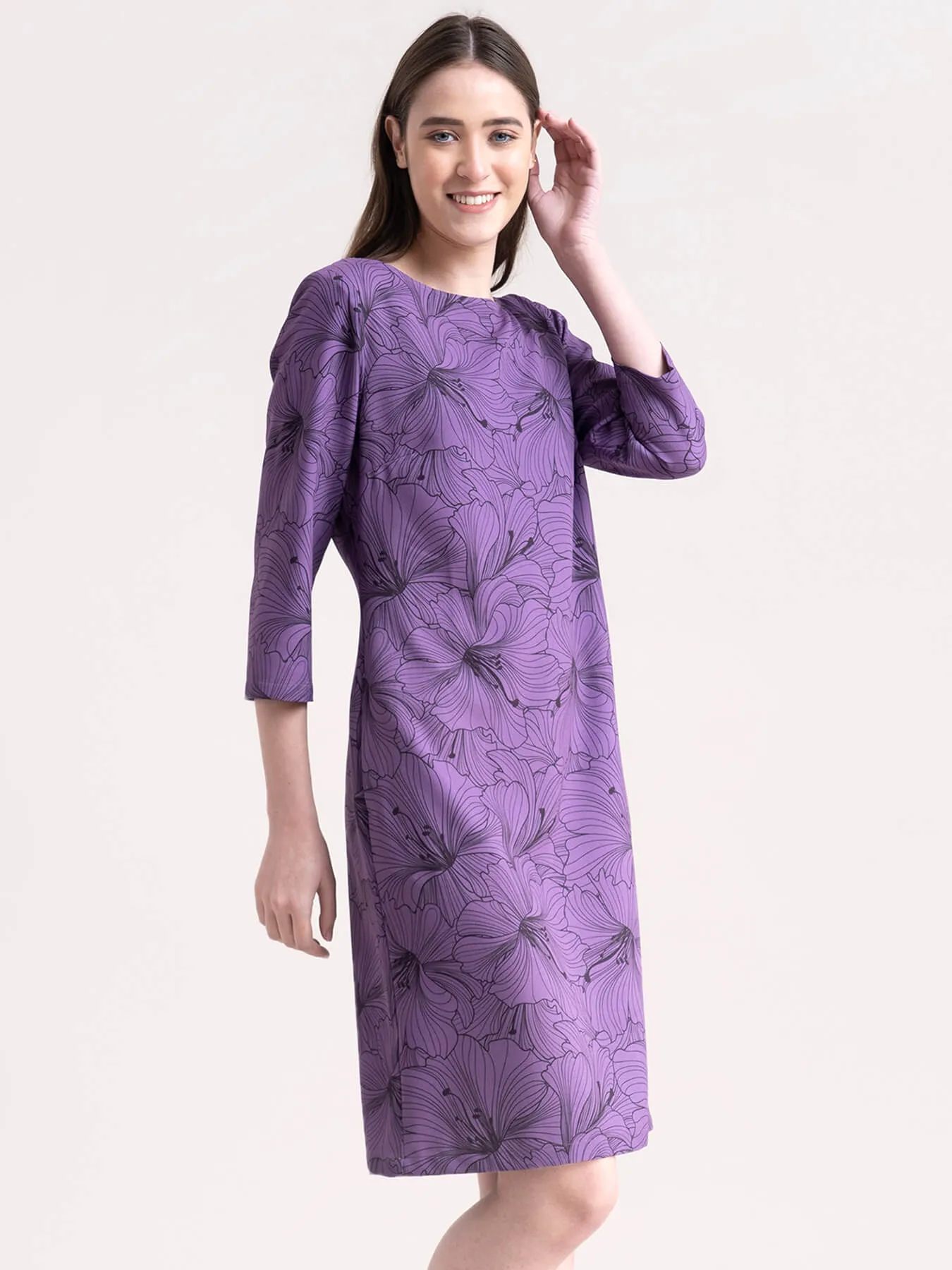 Floral Print Shift Dress - Purple