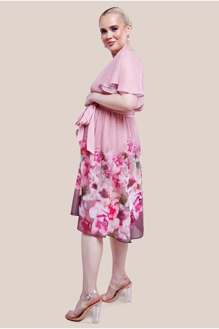 Goddiva Maternity Chiffon Lurex Floral Border Print Midi Dress - Blush