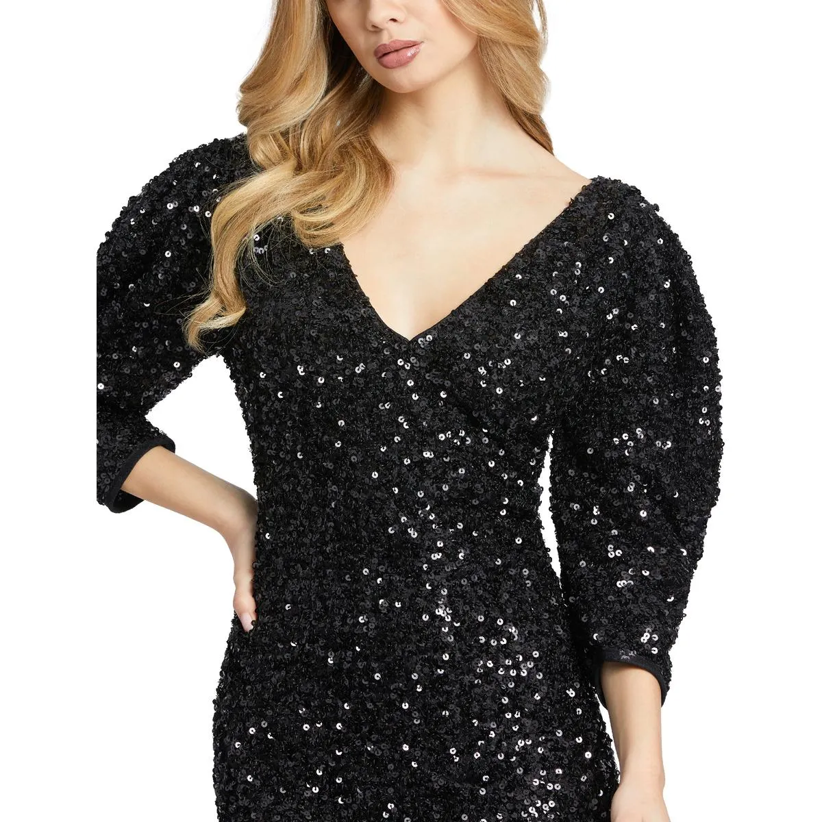 Ieena for Mac Duggal Women's Sequined Puff Sleeve V-Neck Mini Dress