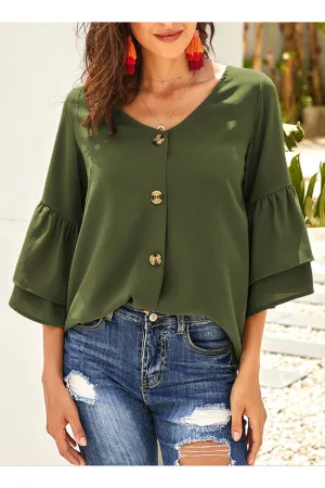 Ketty More Women Loose Fit Bell Sleeve Button Down Shirt