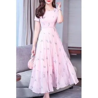 Ketty More Women Thin Breathable Summer Short Sleeve Floral Printed Mid Length Loose Pretty Dress-KMWDC6631