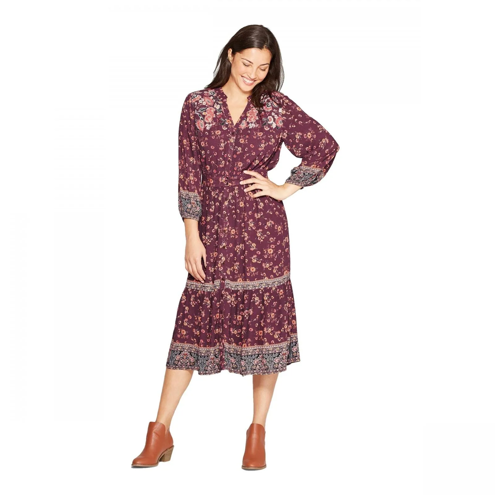Knox Rose Women's Floral Print Long Sleeve V-Neck Front Button-Down Shift Midi Dress