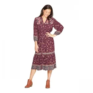 Knox Rose Women's Floral Print Long Sleeve V-Neck Front Button-Down Shift Midi Dress