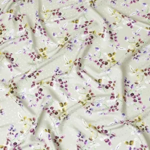 Laurel green Italian premium pure silk satin with same tone dot jacquard having multicolor print in floral design-D9722