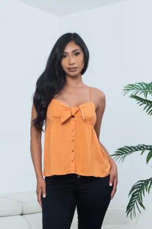 Linen Spaghetti Strap Bowtie Bust V Neck Button Down Tank in Mango* (16965-20)