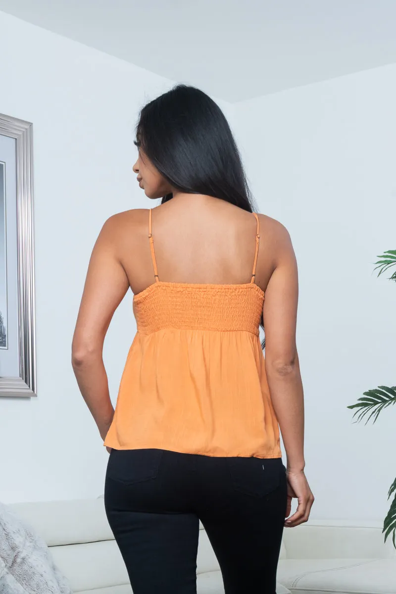 Linen Spaghetti Strap Bowtie Bust V Neck Button Down Tank in Mango* (16965-20)