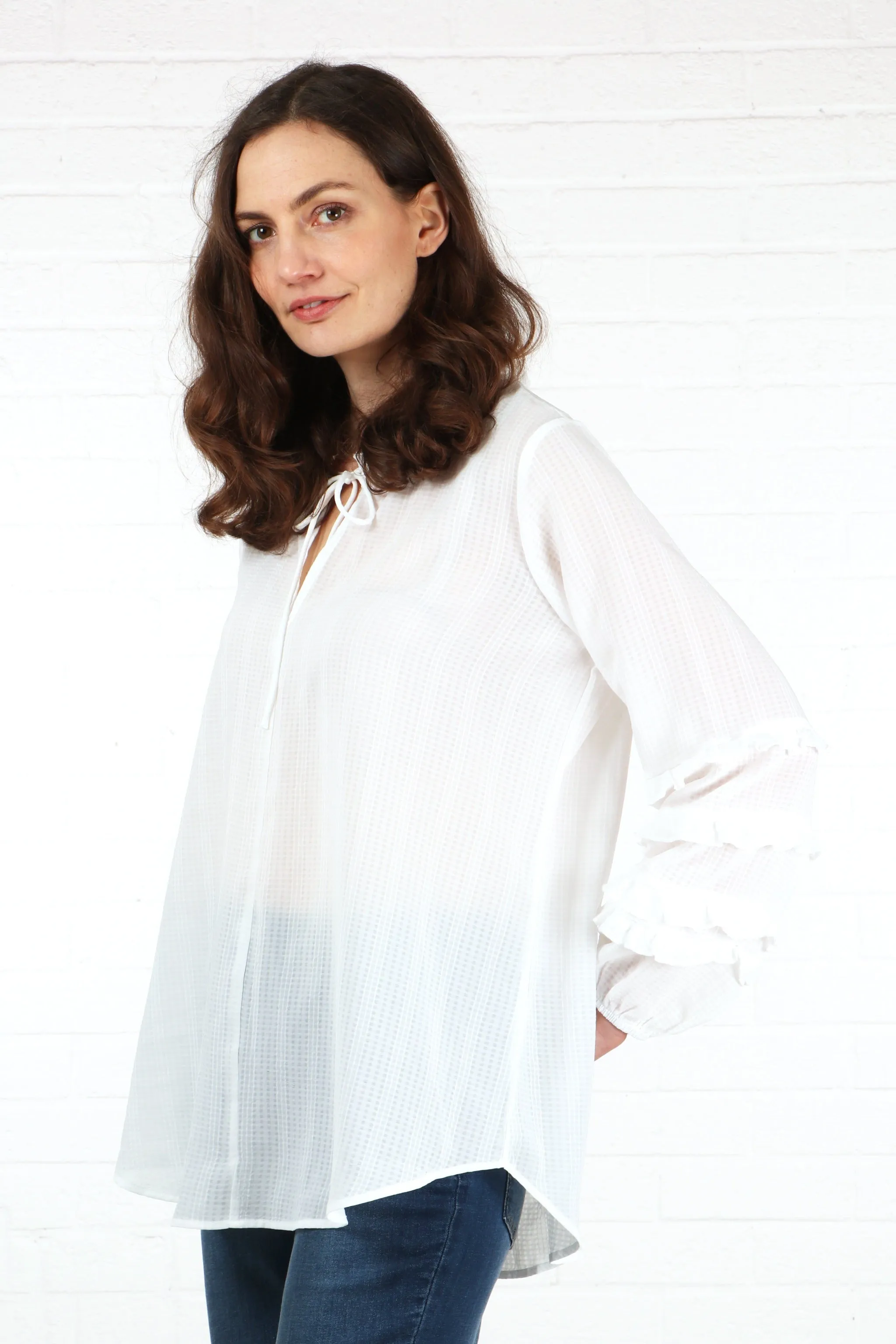 Long Frill Sleeve Grandad Collar Shirt in White