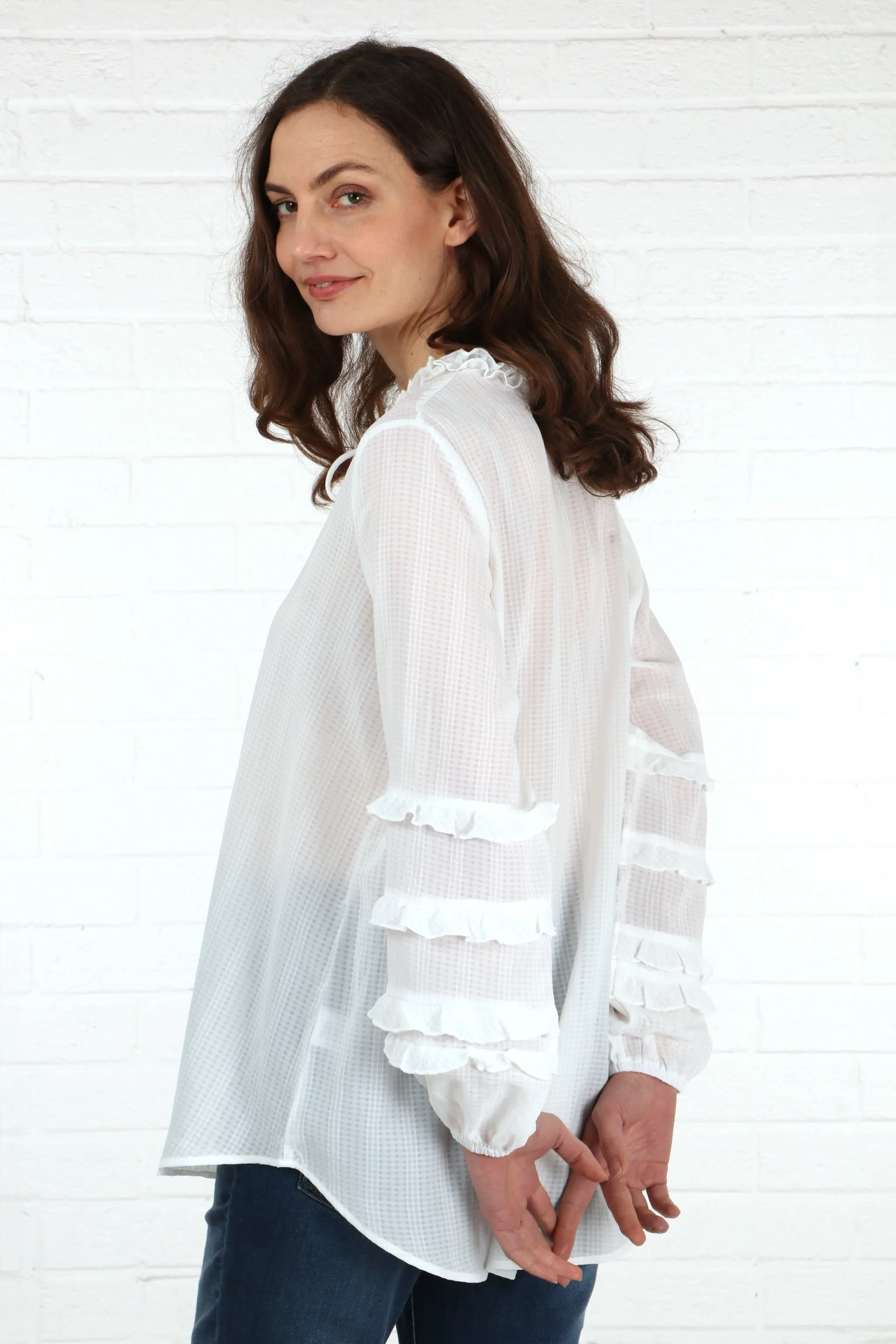 Long Frill Sleeve Grandad Collar Shirt in White