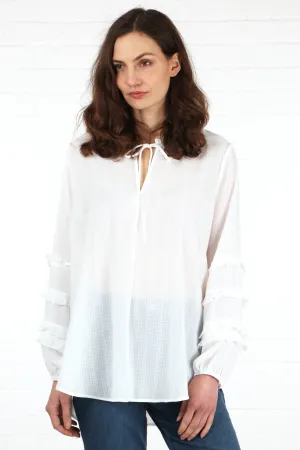 Long Frill Sleeve Grandad Collar Shirt in White
