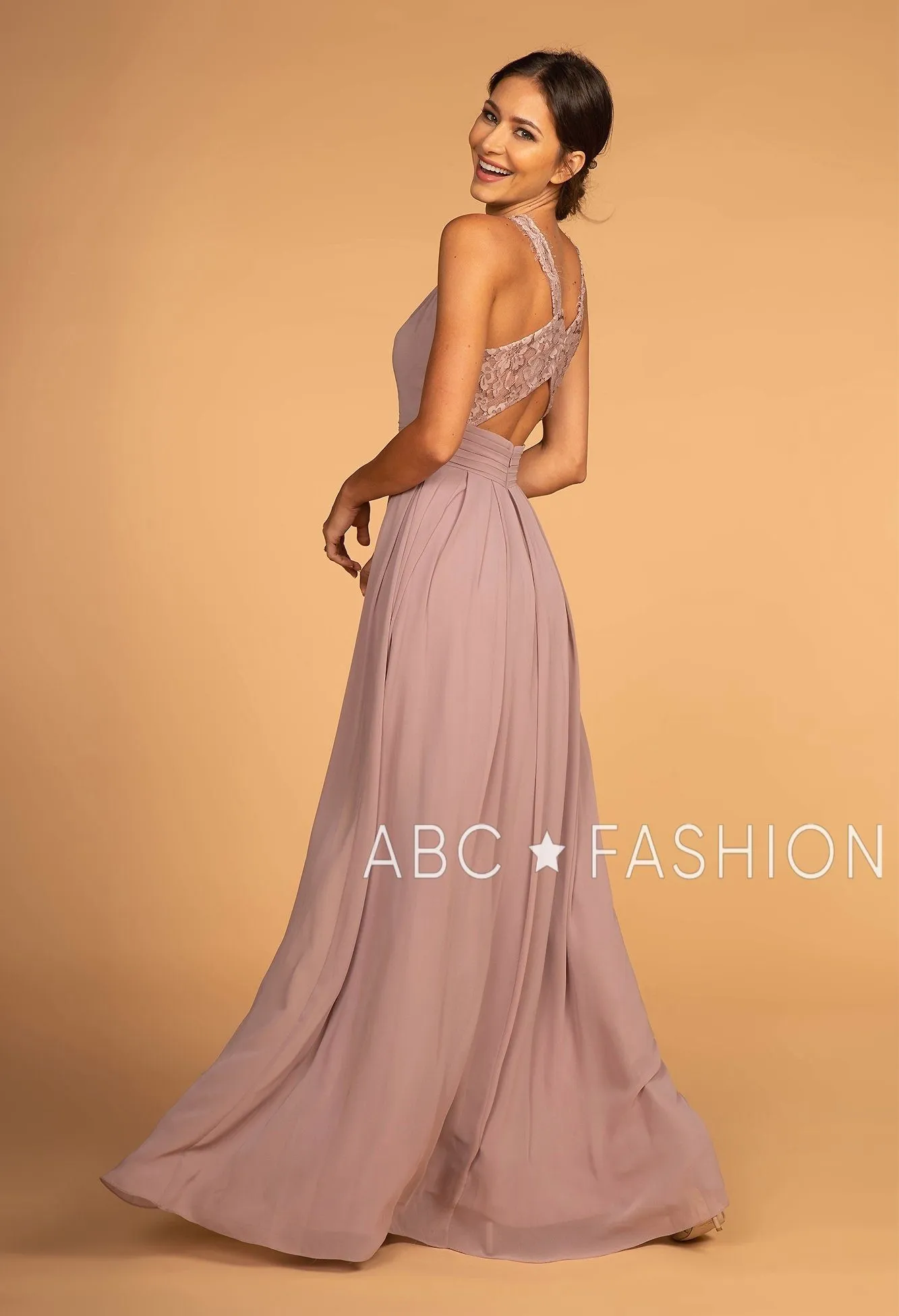 Long High-Neck Halter Dress with Lace Details by Elizabeth K GL2605